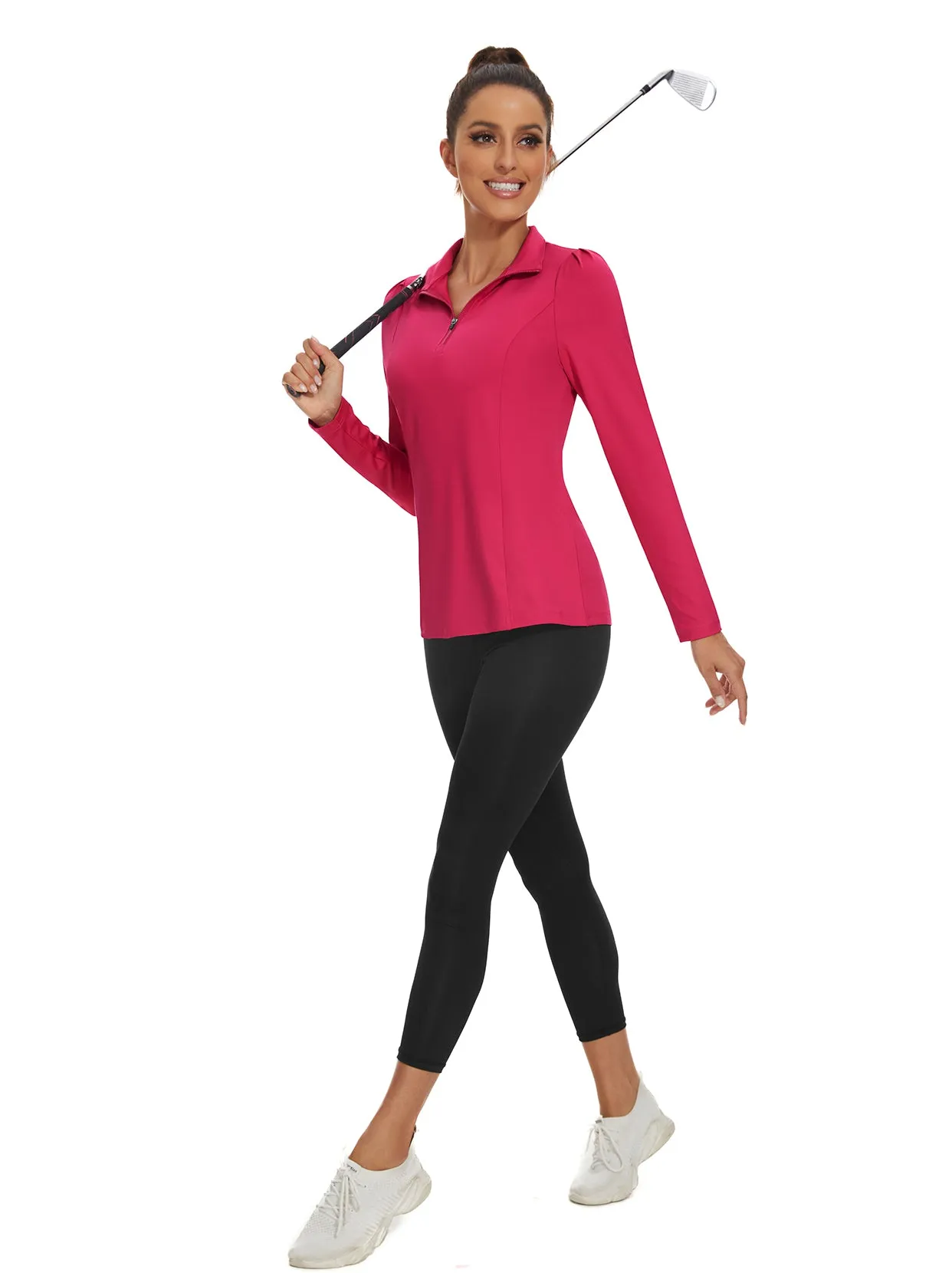 Rose Red Quarter-zip Long-sleeve Golf Shirts for Women