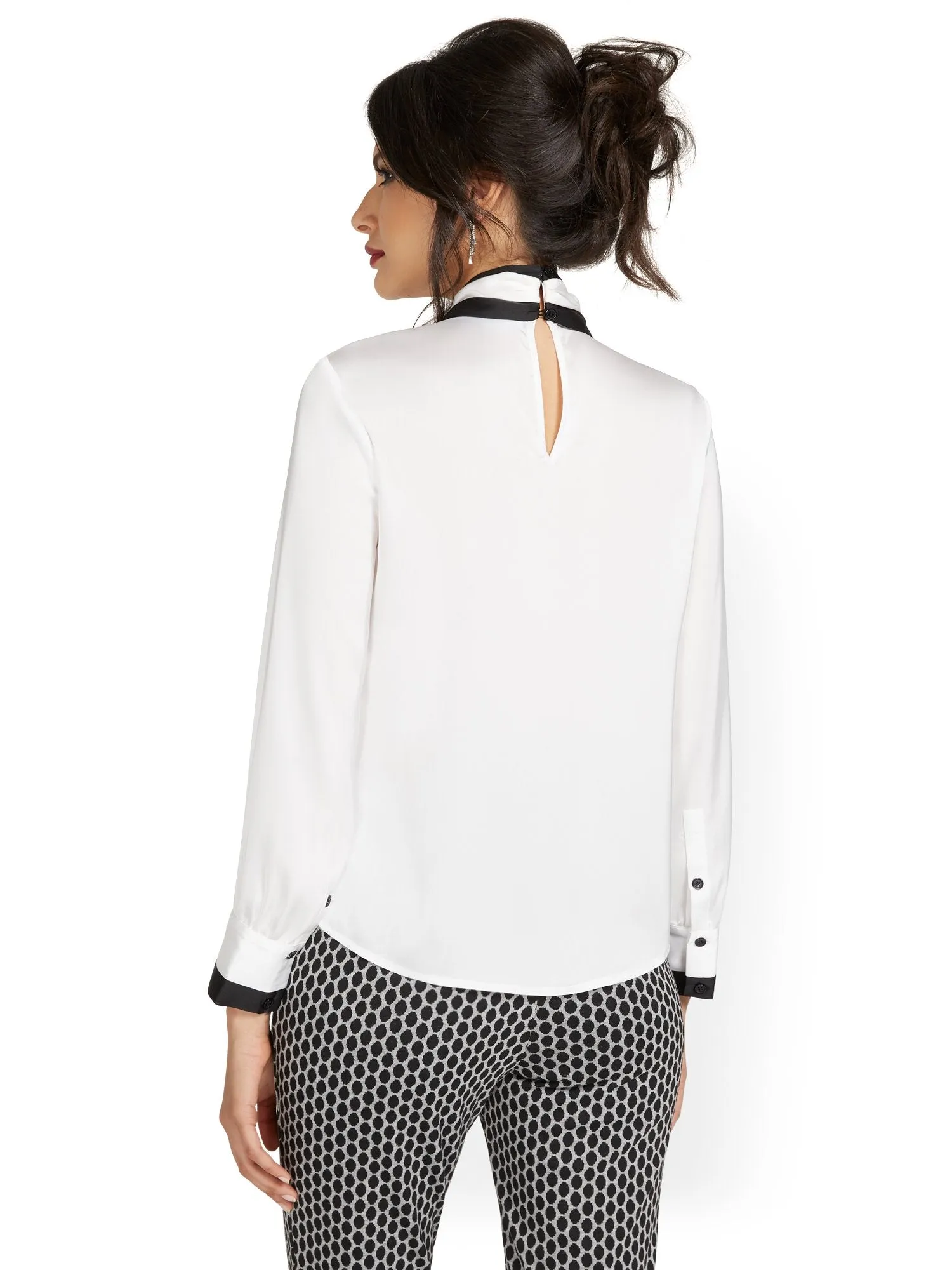 Shiny Long-Sleeve Tie-Neck Blouse