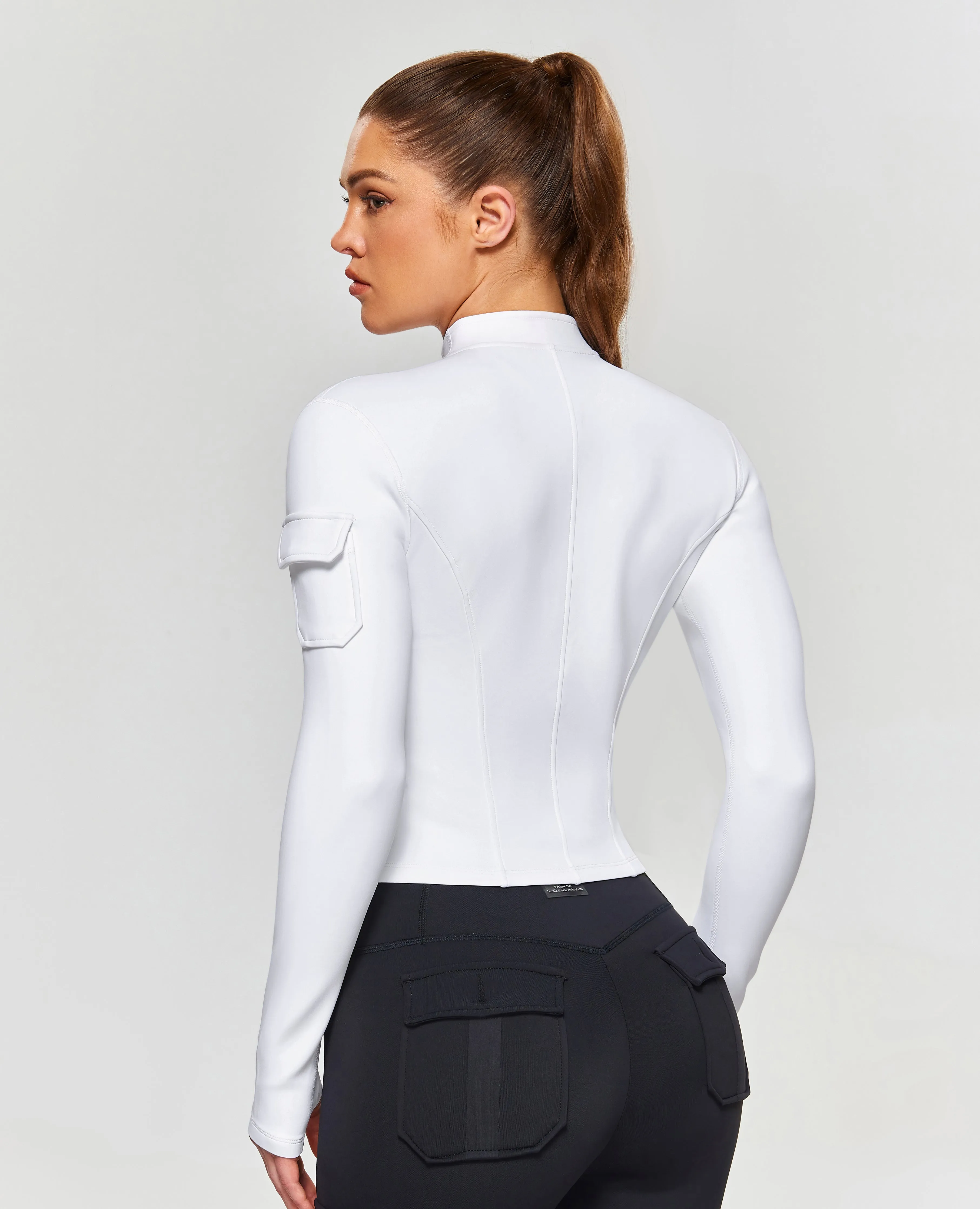 Stand Collar Fitness Moto Jacket - White