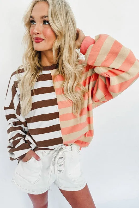 Stripe Color Block Shoulder Pullover Sweatshirt