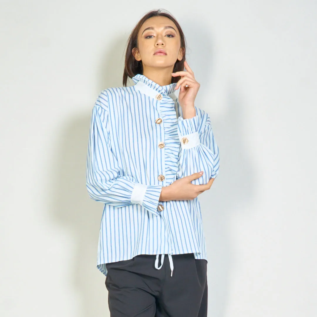 Striped blouse with ruffle accents wholesale