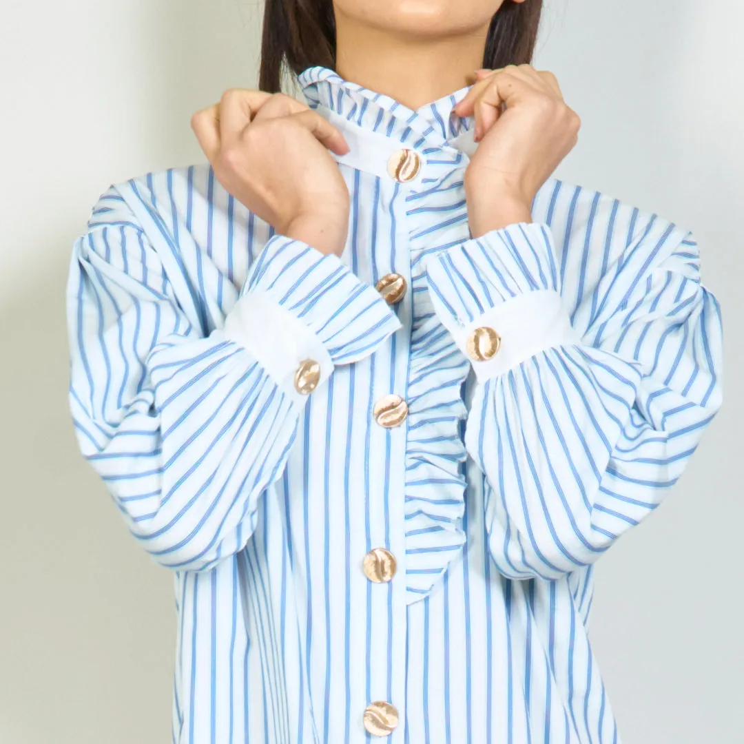 Striped blouse with ruffle accents wholesale