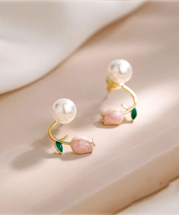 Style Pink Silver Overgild Pearl Oil Drip Hoop Earrings TW1045