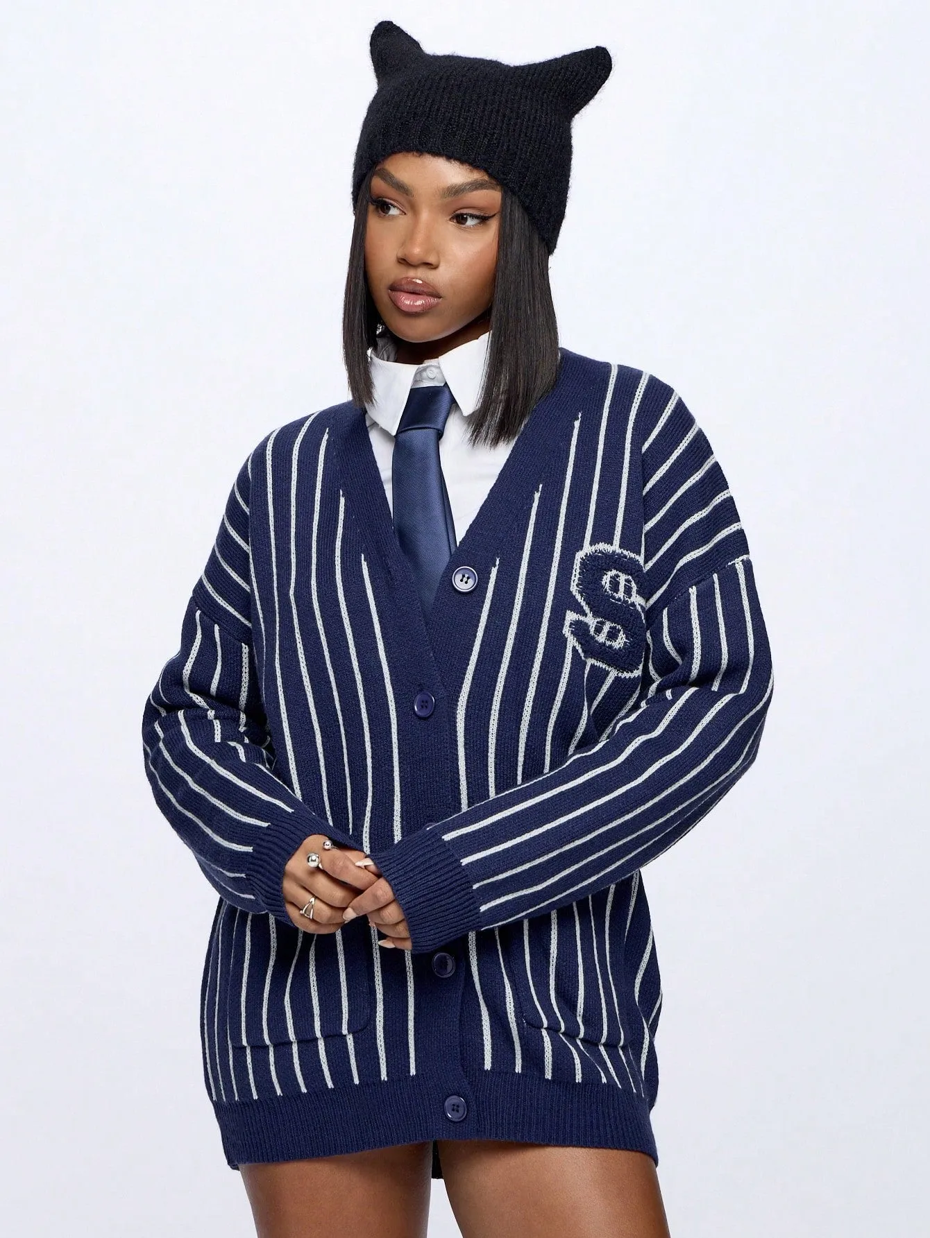 SUMWON WOMEN Striped Varsity Cardigan With Front Pocket Detail