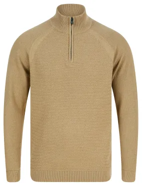 Valve Quarter Zip Textured Knit Cotton Funnel Neck Jumper in Biscuit - Kensington Eastside