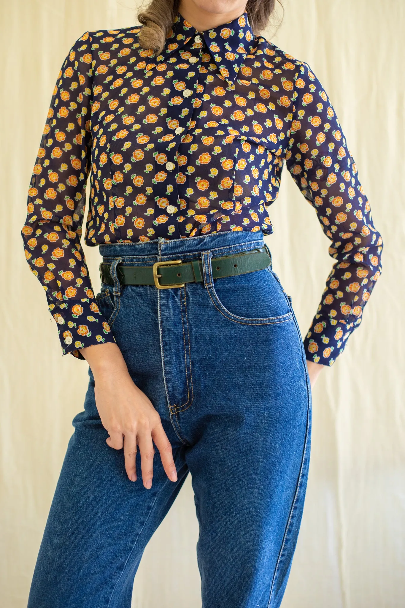 Vintage Chiffon Yellow-Orange Floral Pattern Blouse