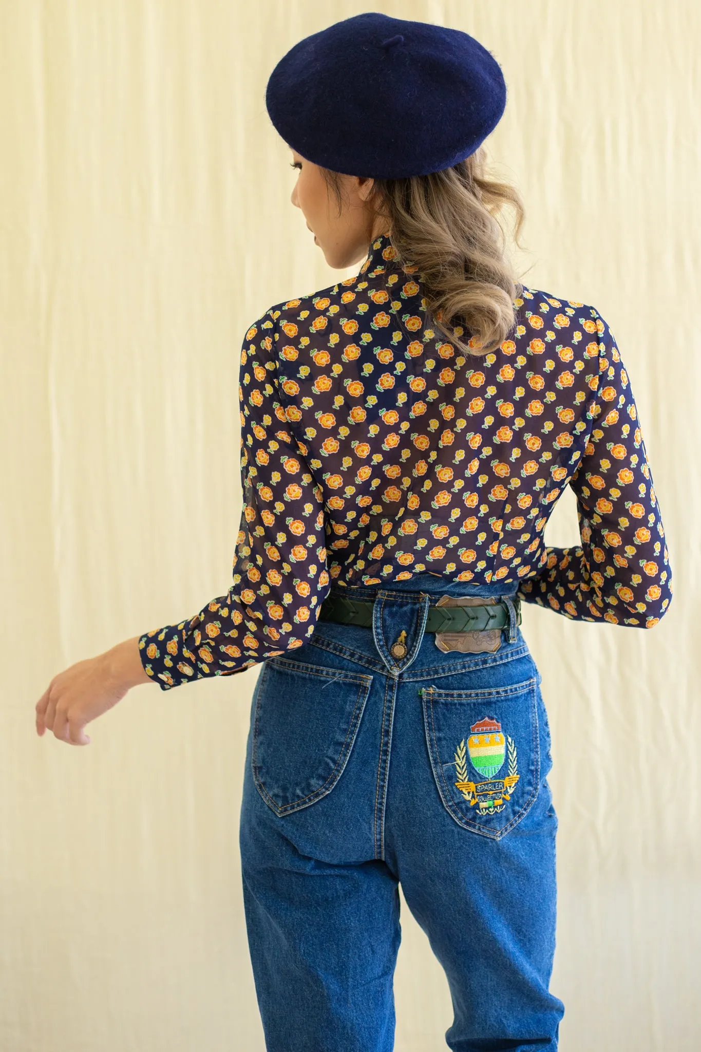 Vintage Chiffon Yellow-Orange Floral Pattern Blouse