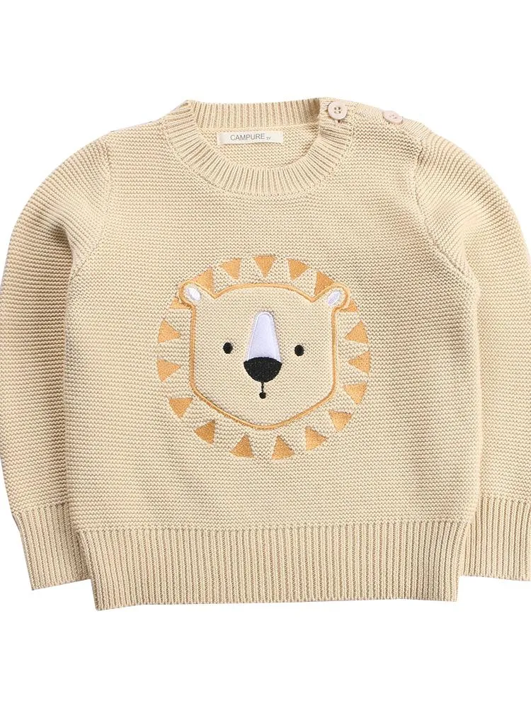 Winter Cute Sweater Bear Lion Embroidery Pattern Jumper Classic Crew Neck Knitwear