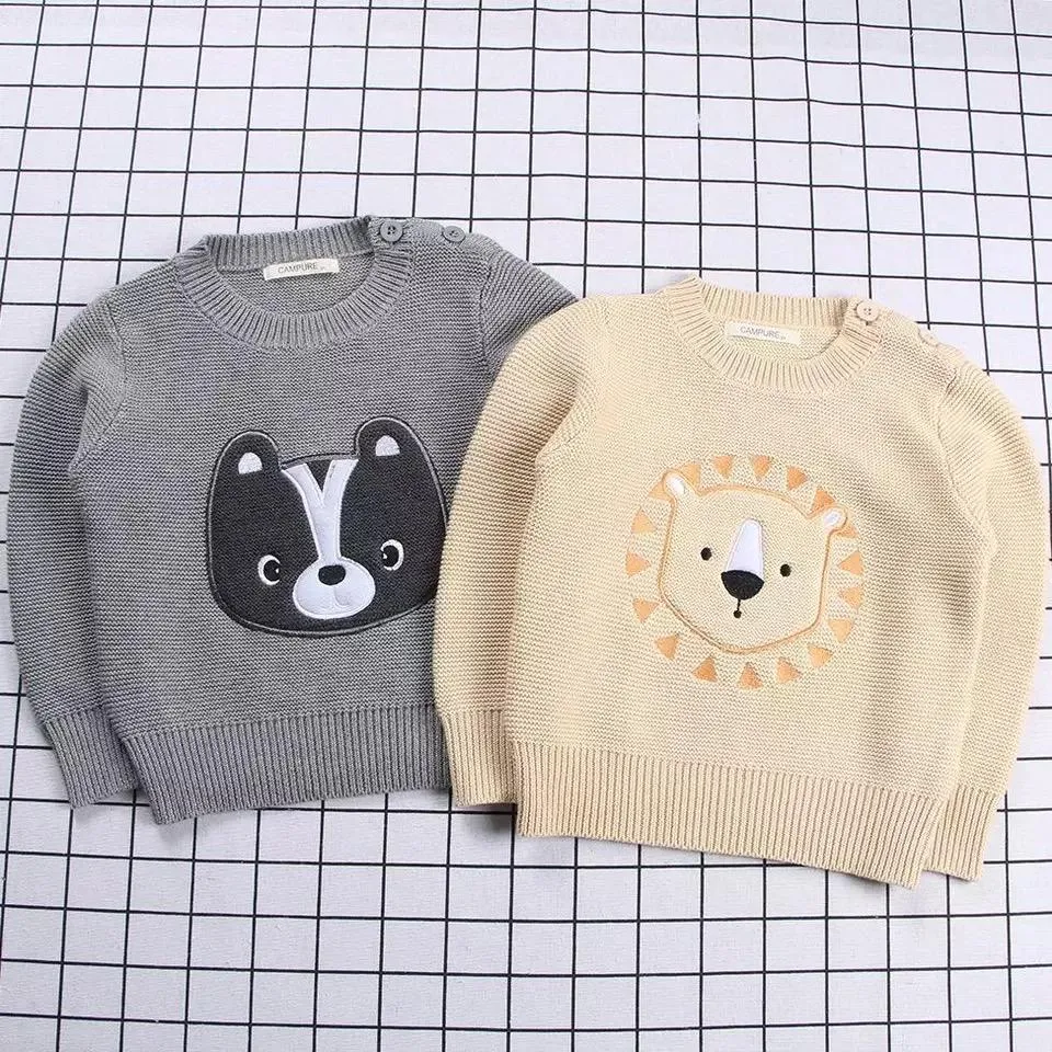 Winter Cute Sweater Bear Lion Embroidery Pattern Jumper Classic Crew Neck Knitwear