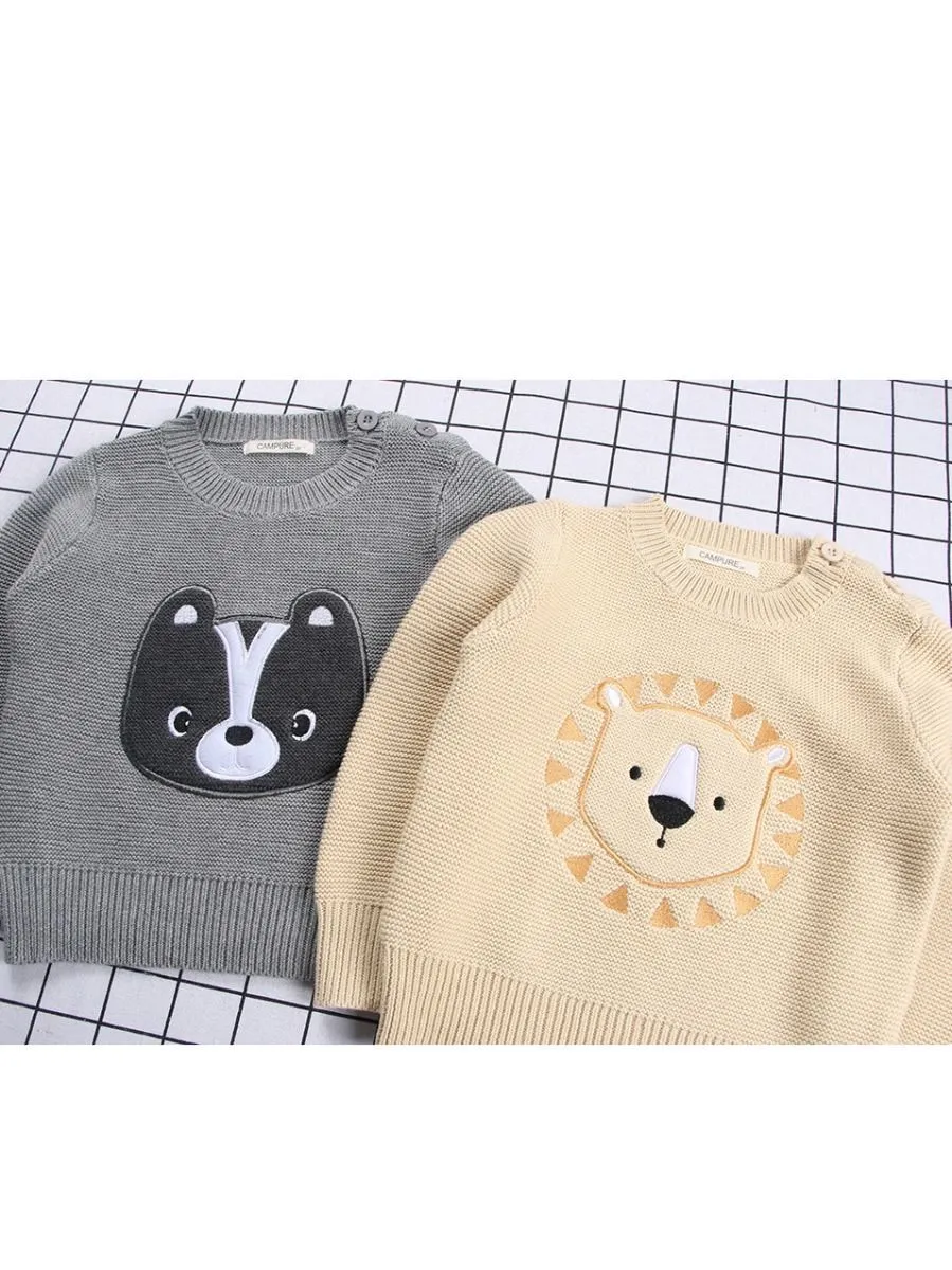 Winter Cute Sweater Bear Lion Embroidery Pattern Jumper Classic Crew Neck Knitwear