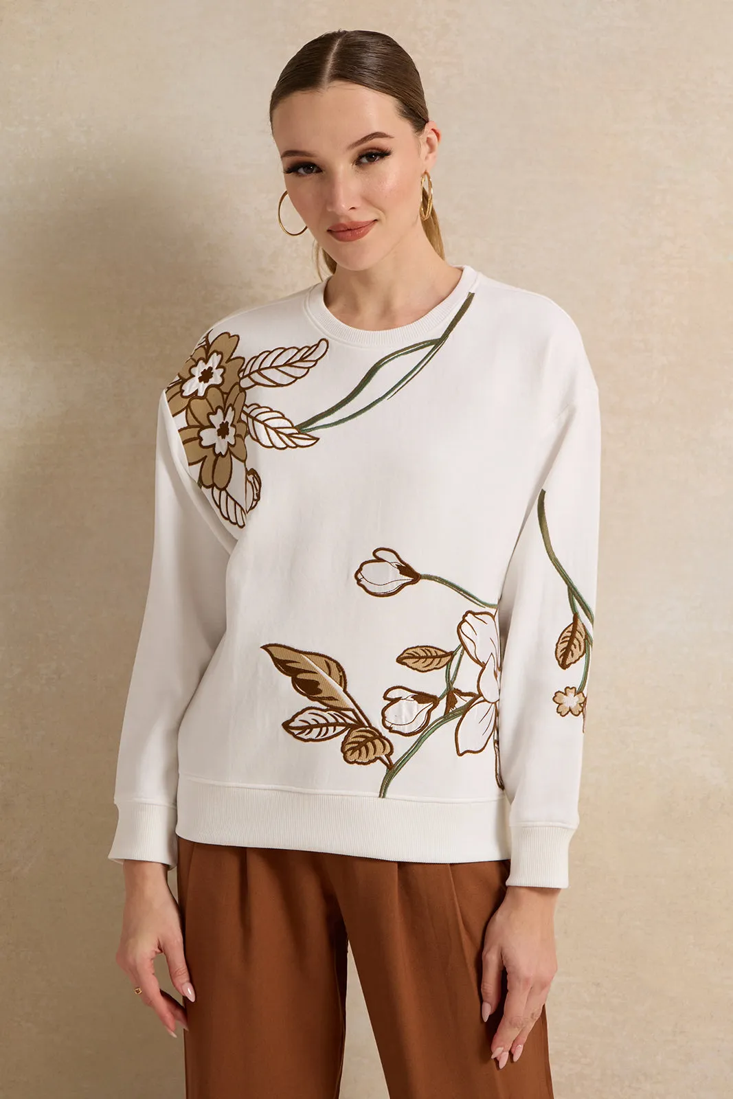 Women White Embroidered Sweatshirt