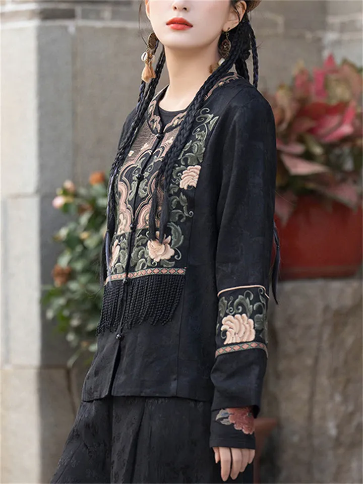 Women's Flower Embroidery Ethnic Style Tassel Shirts