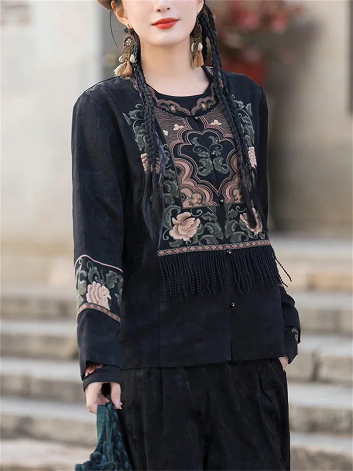 Women's Flower Embroidery Ethnic Style Tassel Shirts