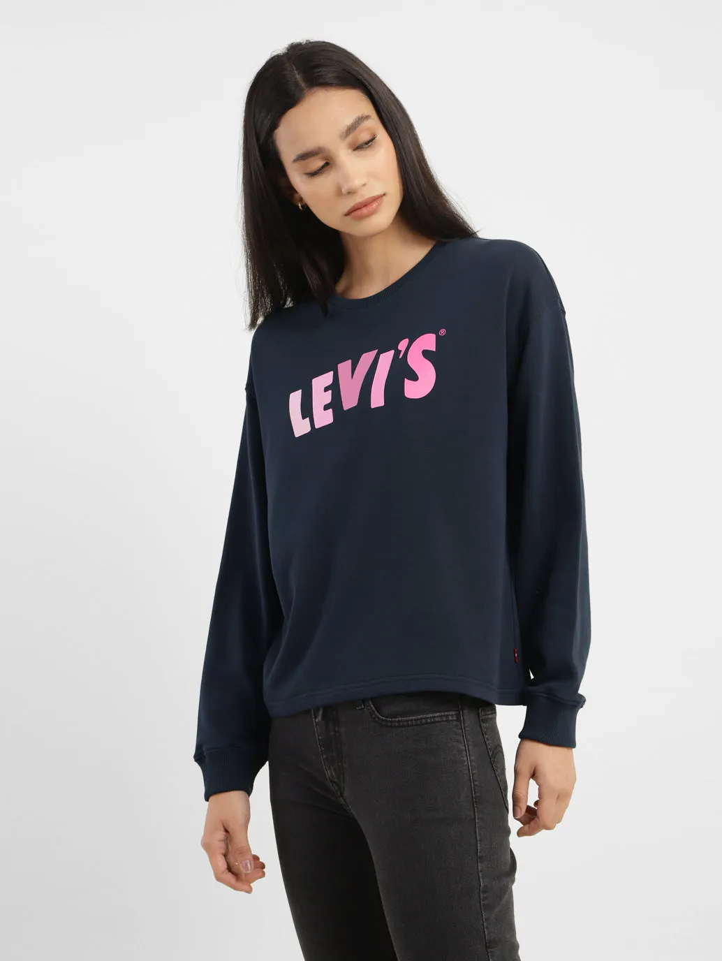 Women's Graphic Print Navy Crew Neck Sweatshirt