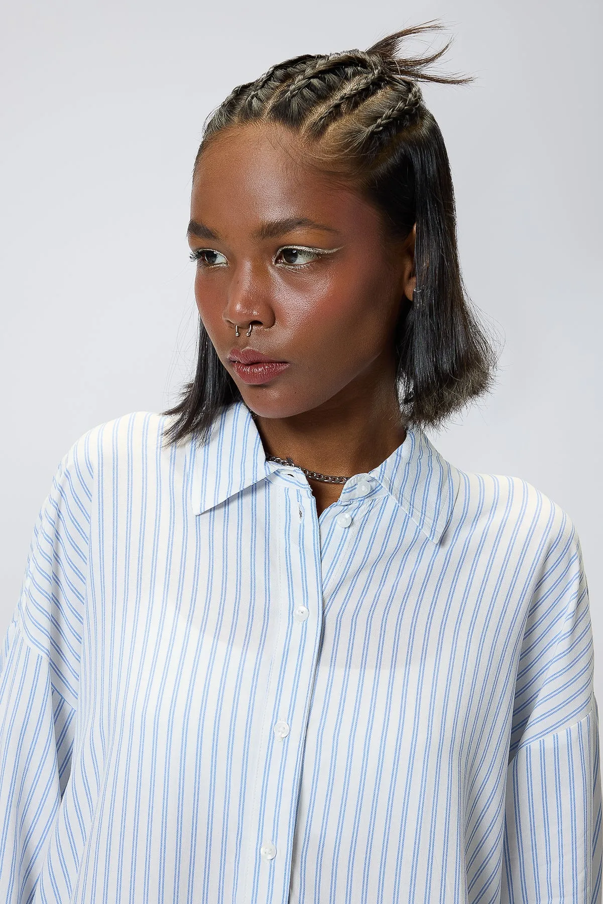 Women's Relaxed Fit Viscose Shirt-White/Blue