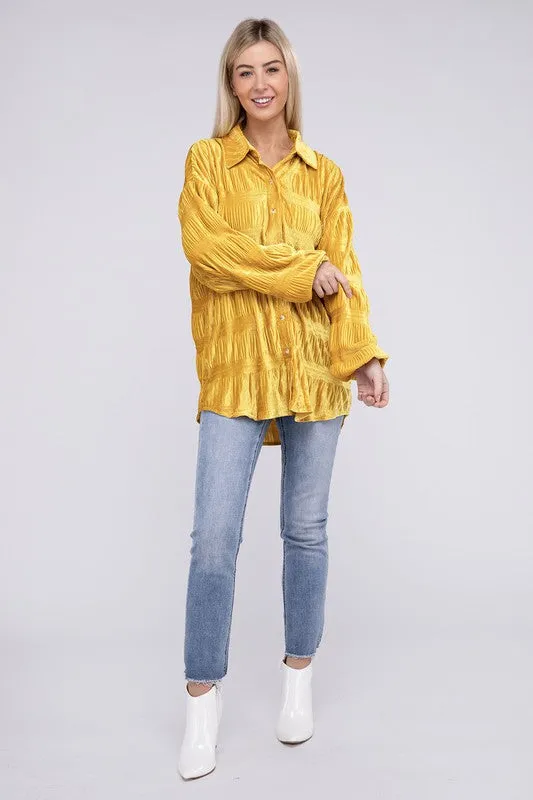 Wrinkle Effect Tiered Shirring Velvet Shirt