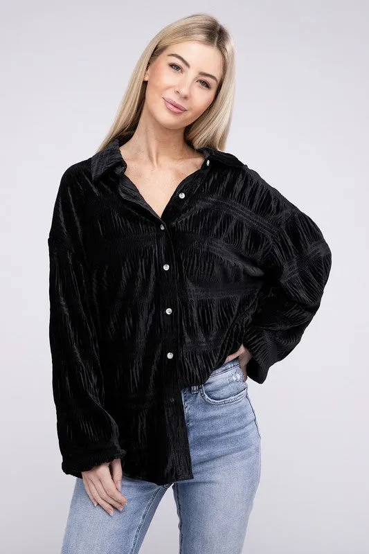 Wrinkle Effect Tiered Shirring Velvet Shirt