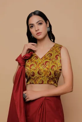 Yellow Printed Mashru Sleevless Blouse