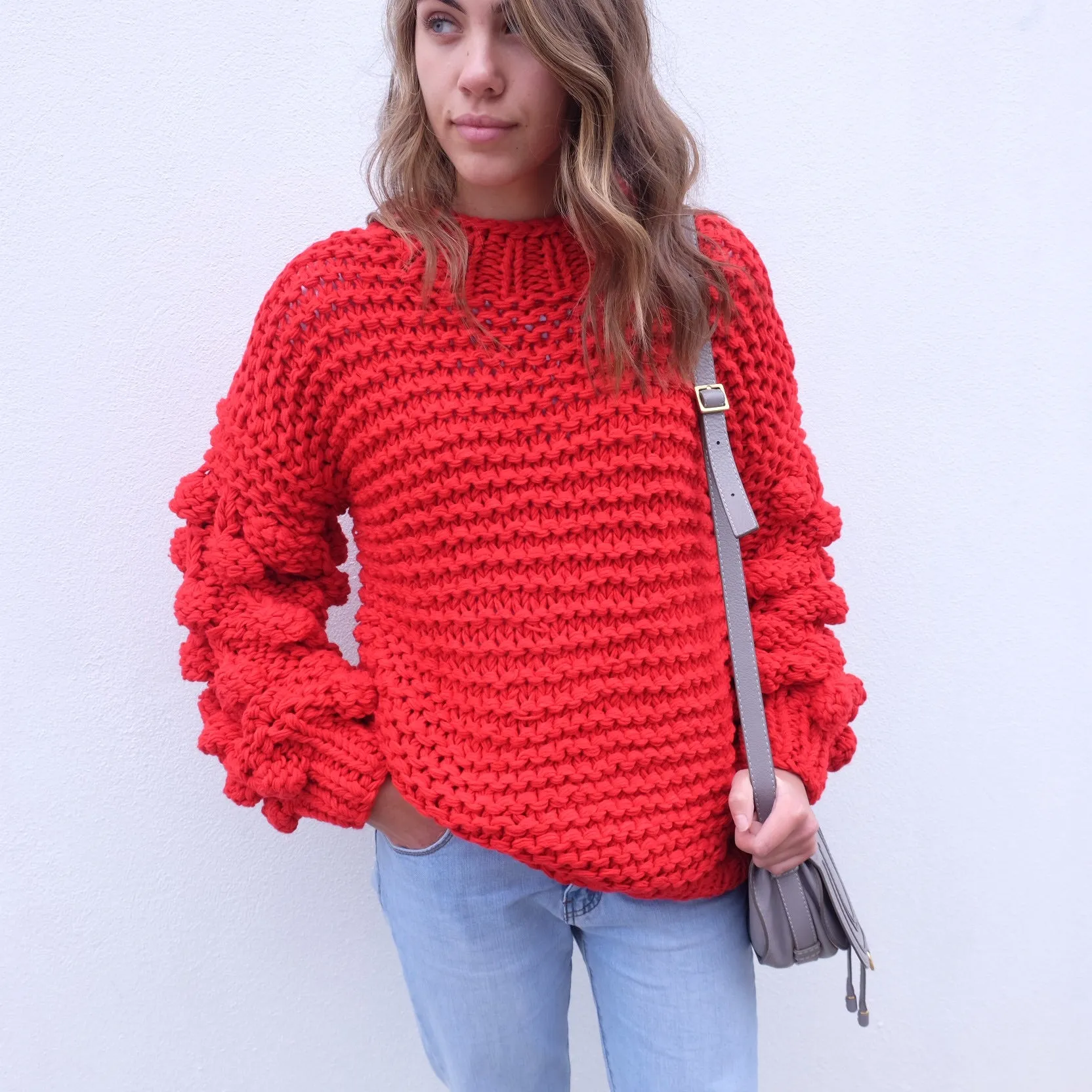 ZARENA BUBBLE KNIT SWEATER- RED