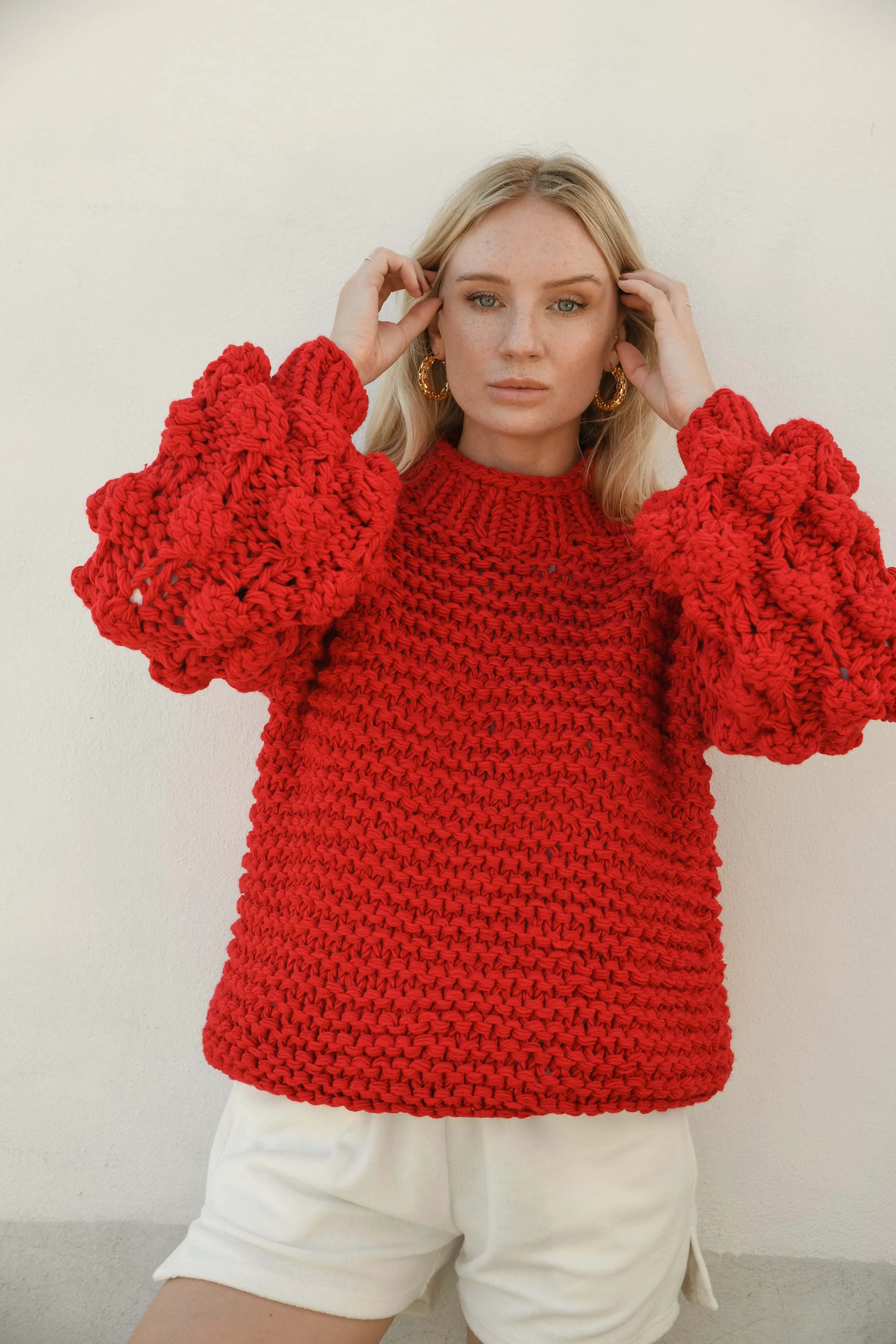 ZARENA BUBBLE KNIT SWEATER- RED