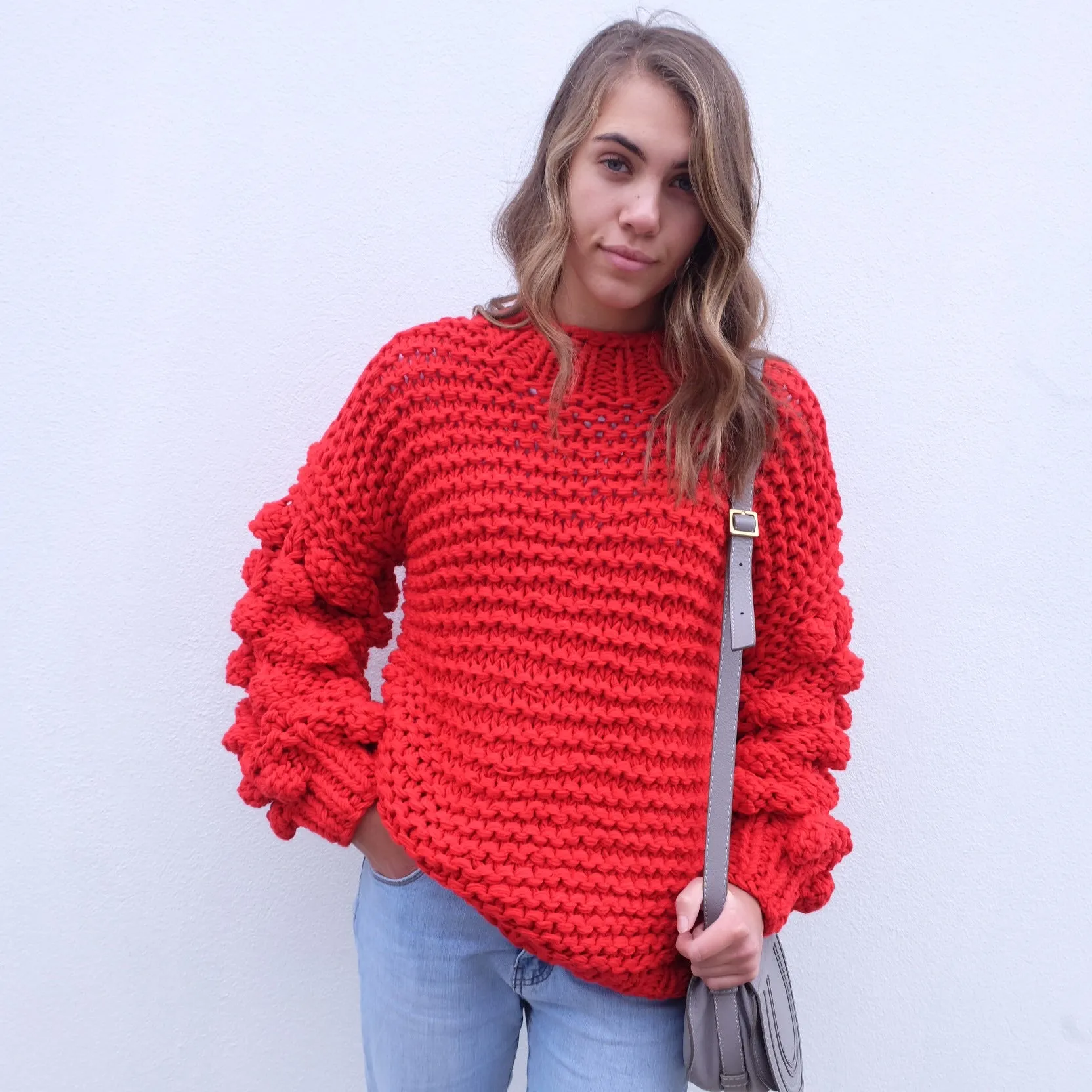 ZARENA BUBBLE KNIT SWEATER- RED