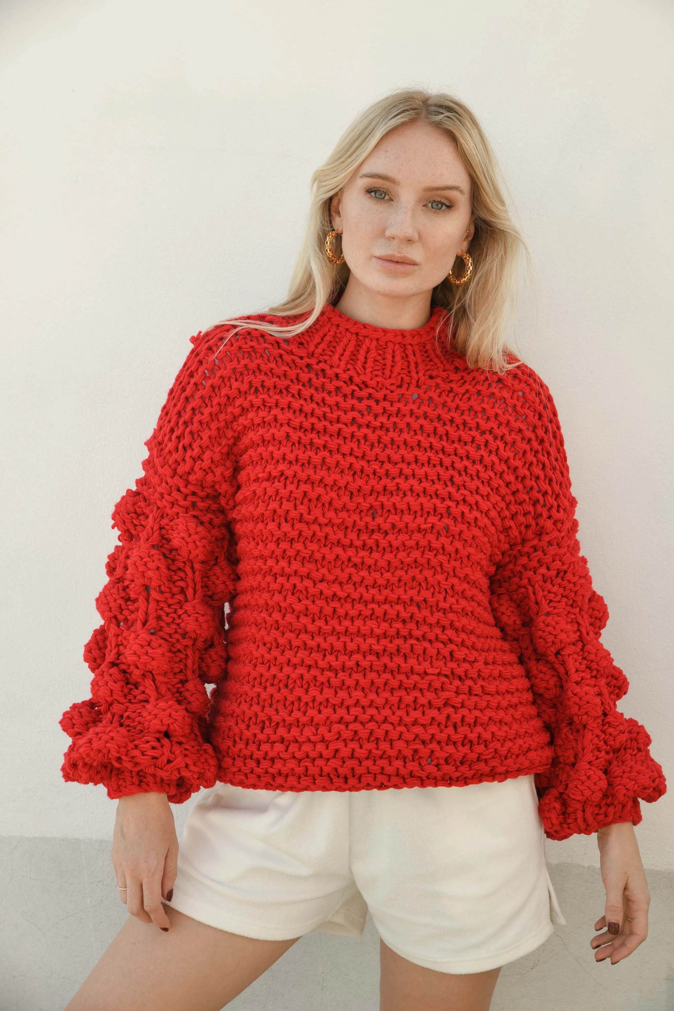 ZARENA BUBBLE KNIT SWEATER- RED